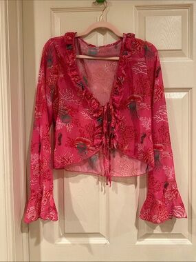 Pink Ruffle Tie-Front Women's Blouse